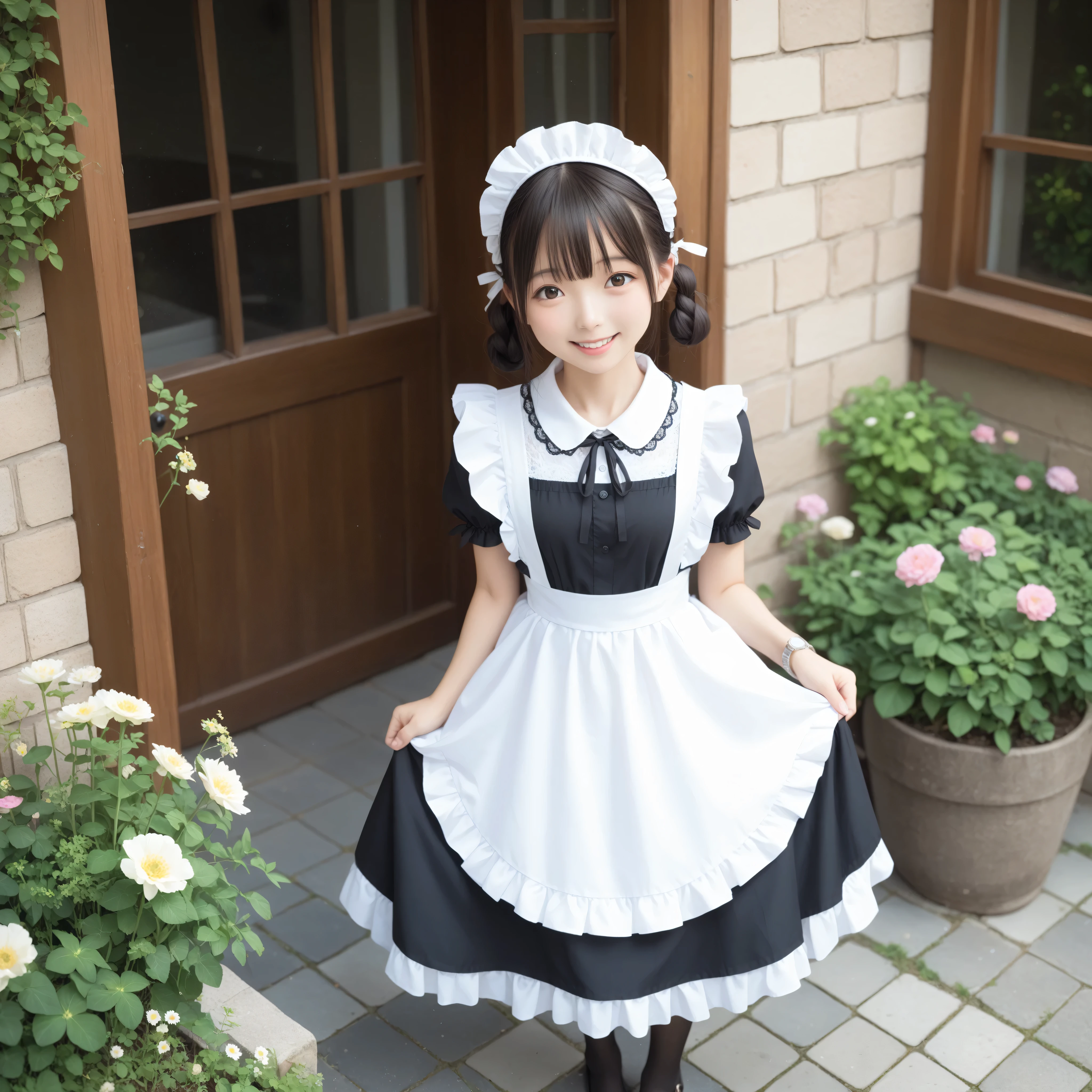 ((sfw:1.4)), ((sfw, extra short hair, sidelocks-hair, 1Girl)), Ultra High Resolution, (Realistic:1.4), RAW Photo, Best Quality, (Photorealistic), Focus, Soft Light, ((15 years old)), ((Japanese)), (( (young face))), (surface), (depth of field), masterpiece, (realistic), wearing highly detailed (( maid clothes with frills and ribbon)), bangs, ((1 girl)),.(smile)