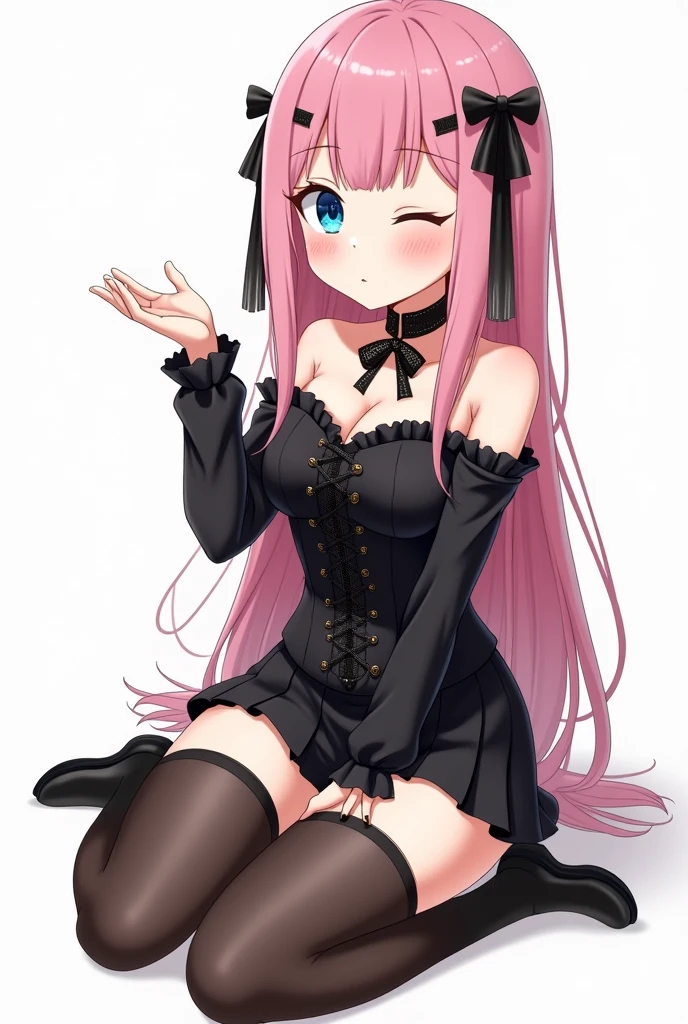 best quality, insanely detailed, nino nakano, breasts, blush, outdoor background, bare-shoulder, looking at viewer, garter strap, a black ribbon, stockings, highleg leotard, pussy, smile, spread legs, super mini skirt