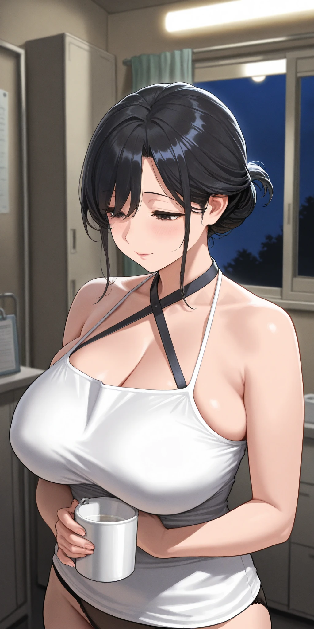 Highest quality, (masterpiece:1.2),
alone,Open your mouth、 smile,A 40-year-old Japanese woman with black hair、Very short hair、Mother、((Part your bangs in the middle、Long Bangs、The forehead is visible, Hair Bun、Side bangs))、Large Breasts、Saggy breasts、
(White Bikini、Bikini thongs dig in)
Are standing, Looking at the audience,The whole body is visible、from the front