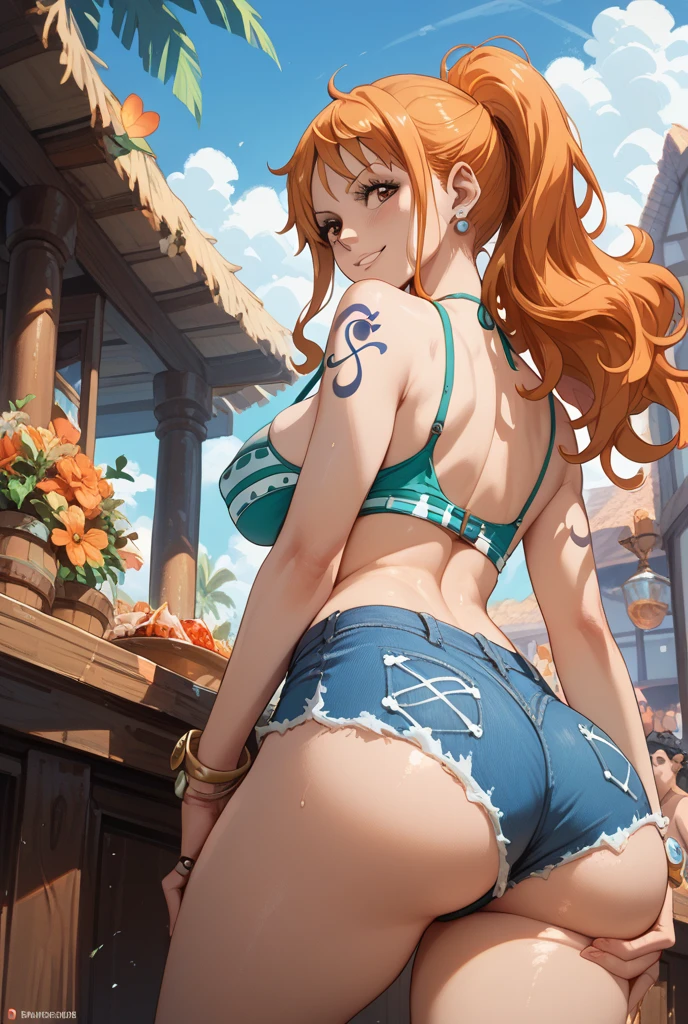 (masterpiece), realistic lights, realistic skin, high detailed art, high definition, defined abdomen, Redhead girl, nami, nami one piece, post time skip nami, sexy girl, (tight bikini) , ((big breast)), wide waist, lewd, tight jeans, in a ship, pirate ship background, glow illumination, detailed body, female body shape, anime 2.5d, anime realistic style, night set, starry night, (mini bra)