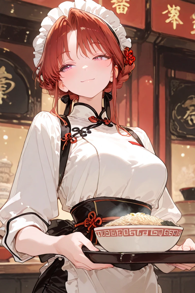 Highest quality,Masterpiece,8K,Ao Dai,,Big Breasts,Best Style,Droopy eyes,smile,Pink Hair,Hair Bun,Chinese restaurant,waiter,Are standing