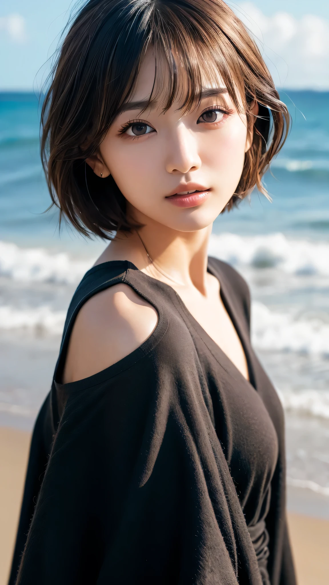 Best quality, masterpiece, ultra high res, (photorealistic:1.5), raw photo, 1girl, beach, deep shadow, low key, cold light,  look, short hair, swimsuit