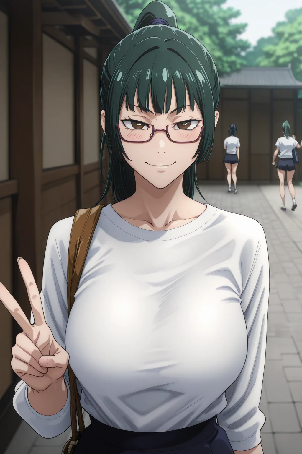 One girl, beautiful zenin_Ingrown,ponytail,Glasses,bangs,Green Hair,Brown eyes、naked