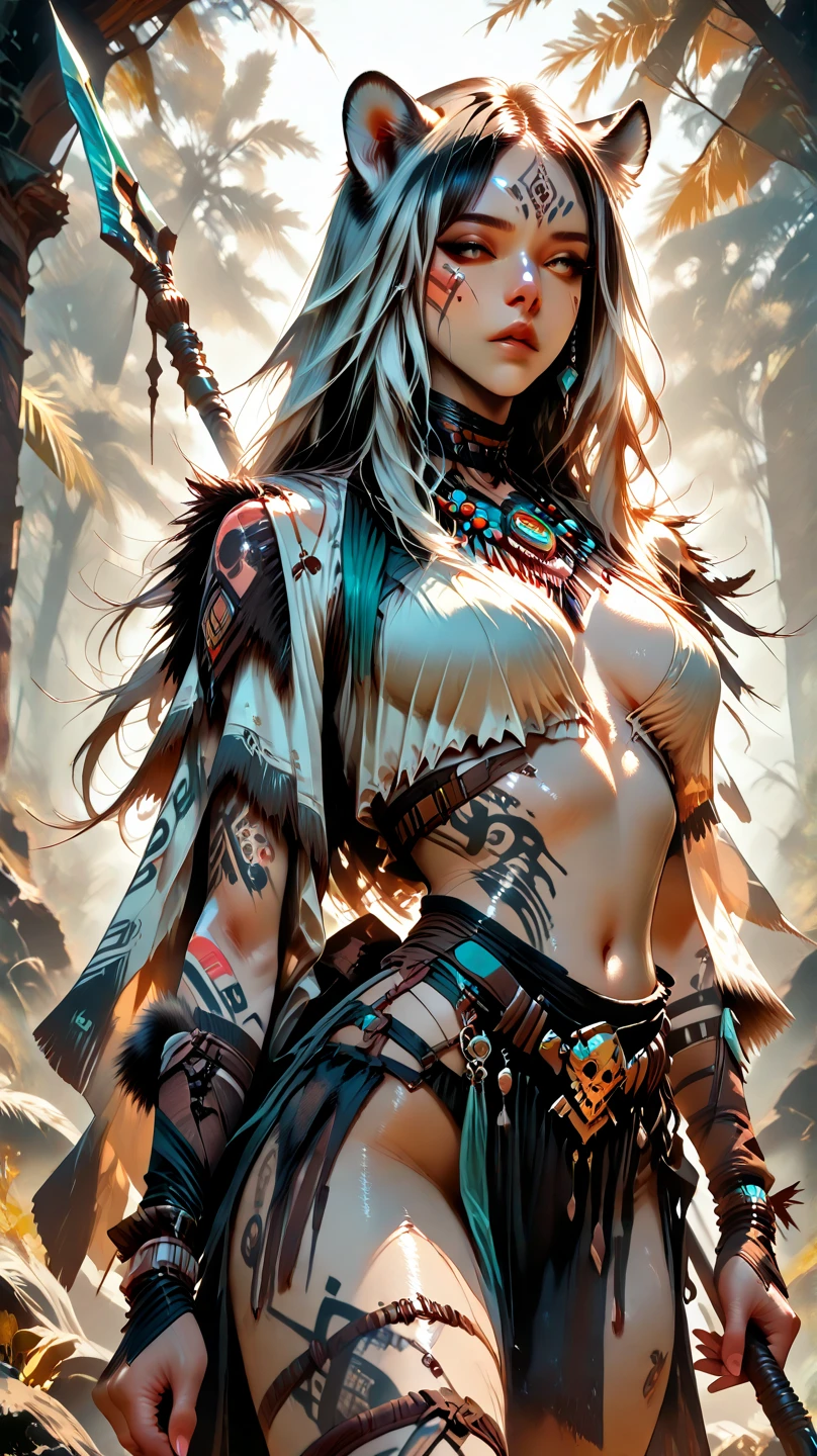 Female leopard with very soft fur, variations of tribal tattoos and long hair reaching her waist, holding a primitive spear in a queenly pose,hd, 4K, 8k,cowboy_shot,dynamic_angle,