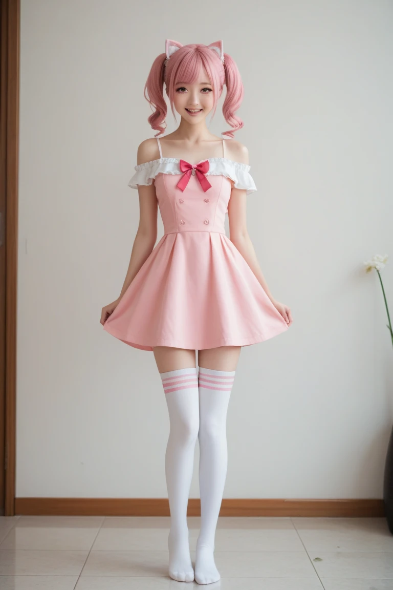 Cute redhead, gravure Idol, with rainbow colored hair tips, ribbons in her hair, 18-year-old woman, happy, in twin tails, perfect symmetrical eyes, clear sparkling blue eyes, pale skin, silky smooth skin, standing on a fancy luxurious space ship, large futuristic corridor, control panels, wood trim, decorative plants, warm lighting, wearing a futuristic dress, pleated (chemise) mini dress (pastel rainbow colors, and polka dots), wearing full body pantyhose, cute short cut booties.