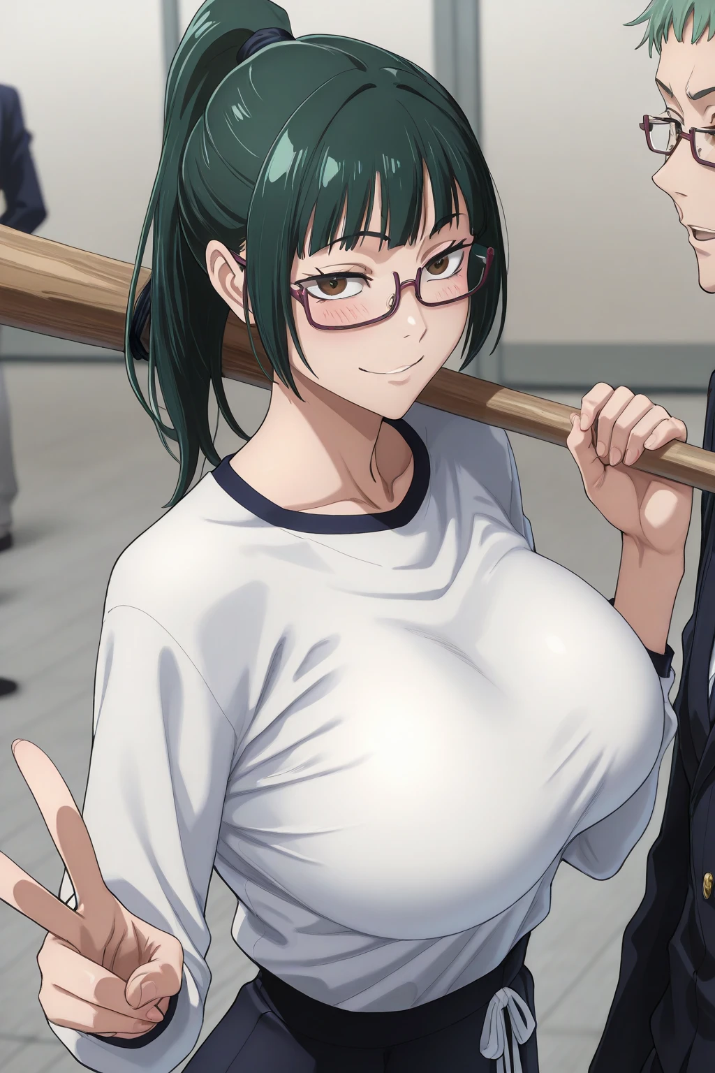 Minakata Hizuru, wearing default outfit, black outfit, default hair, black hair, wearing black suits, farting, massive fart, yellow smoke, fart, blush, clenching teeth