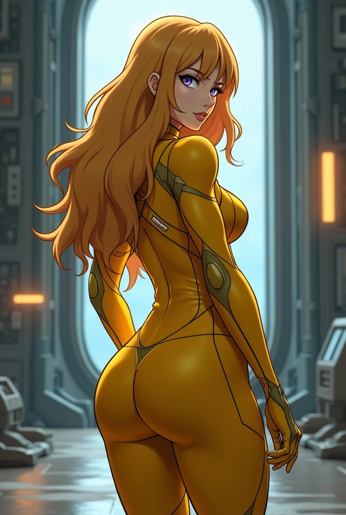 Best quality, 8K, vivid color, woman retro super hero futurism, static pose, back to the observer, golden hair, long eyelashes, light brown shiny leotard, cleavage, metalic details, light orange pantyhose, neutral sci-fi scenario