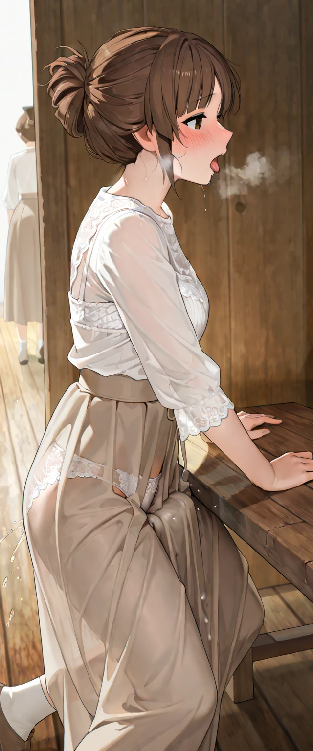 (masterpiece, best quality),1girl with long white hair sitting on lap of a very old beggar who is dirty , naked and smelly, her hand is holding the old man's crotch under his pants, warm lighting, white half shirt with all buttons open and a super short white skirt without any panties and bra , blurry foreground , the very old beggar's left hand is inside her shirt holding her breasts and the other is under skirt touching her private parts , they both are sitting under a rainfall, fully wet clothes which makes there cloths see through and the girl is kissing the naked dirty old beggar