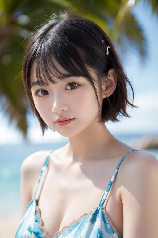 One Girl,(1人のとてもcute女の子:1.3),masterpiece,Highest quality,High resolution,Photorealistic,RAW Photos,Ray Tracing,beautiful girl,(15 years old:1.3),cute,Big eyes,(detailed pupils:1.2),(The face is facing straight ahead:1.3),Body facing forward,Beautiful nose,Fuller lips,Short black hair,ponytail,short hair,Detailed eyelashes,Thin eyebrows,Very fine grain definition,(Symmetrical eyes:1.3),(Face close-up,Face Focus:1.0),Small breasts,Short neck,White swimsuit,White Bikini,The background is the sea,Southern Island,Blue sky,White cloud,Portrait,View Viewer,Upper Body,Cinema Lighting,High resolution,Very detailed