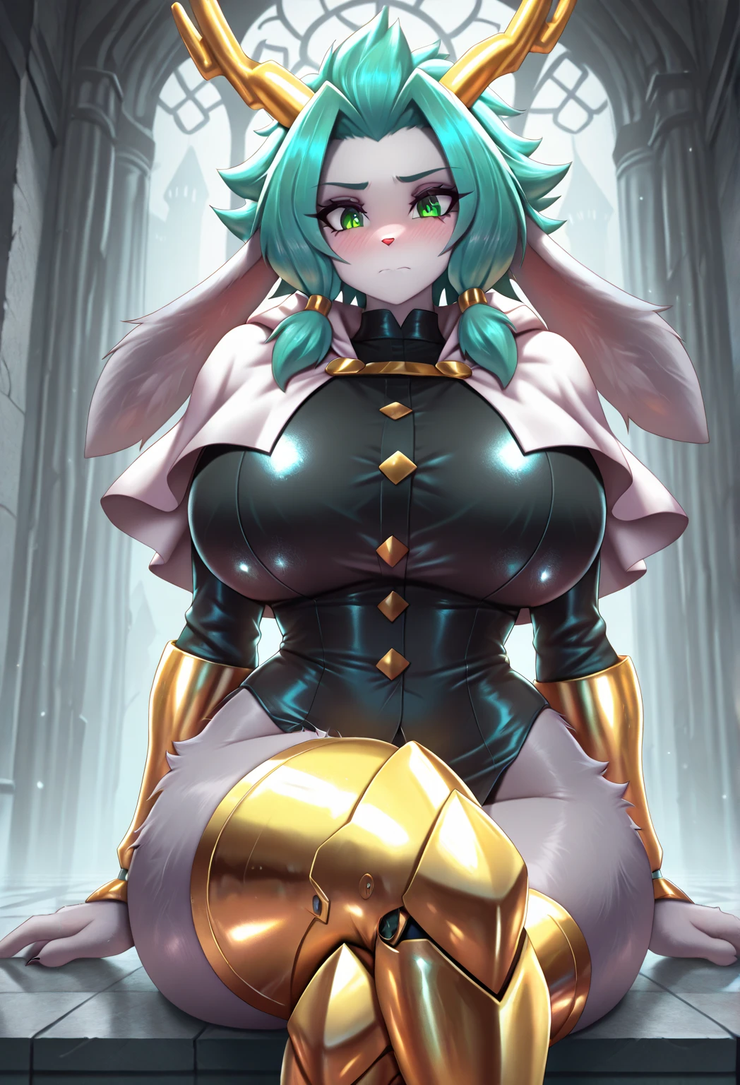 Mouse woman, by white, green eyes, big breasts, Vtuber design