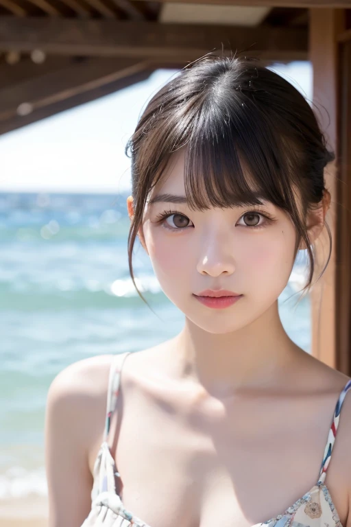 table top, highest quality, shape, Super detailed, finely, High resolution, 16k, perfect dynamic composition, straight hair, medium hair, brown hair,natural color lip, smile, 20 year old girl、cute、beautiful、Perfect and beautiful face, beautiful and detailed face, slim face and body, Elegant face, KPOP idol face、Japanese idol faces、small face、Big eyes, brown eyes, droopy eyes, Dense and beautiful eyes, girl, lie down, beach, sunrise, early morning, light, gentle glow, peaceful expression, quiet, pale pink, soft blue, dawn, sky, calm sea, tranquil, day,