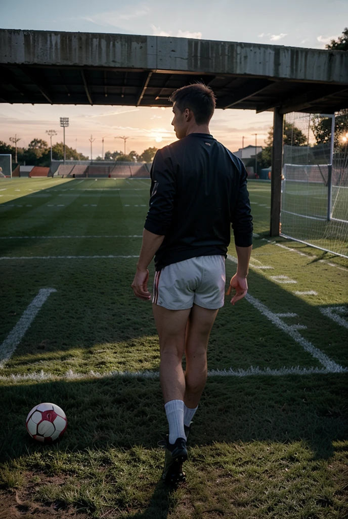 full body view, one young white european cute Soccer college boy with undercut clean shaved haircut , in muddy burgundy soccer jersey, muddy white soccer shorts, in his muddy long high white soccer socks, no shoes, stuck in mud, scared, looking at his muddy white socked feet