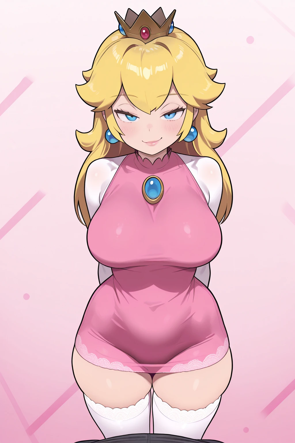Character Stickers,STICKER, (solid outline:1.3), (NSFW:1.2), A detailed illustration of a vivid Sexy Princess Peach from Mario sitting down with pink underwear, blonde hair, sexy princess peach solo, tall skinny legs, Dress open, bare breasts, big breasts, pink underwear, Short golden hair, blue eyes, Full body, 25 years old, long smooth legs, full body portrait, Pink Dress, white gloves, white canvas shoes, legs crossed, Wear a small crown., kneeling, Smiling face, Rendered in 6 K resolution., Shadows with softness, Black background for creating websites, 2:3