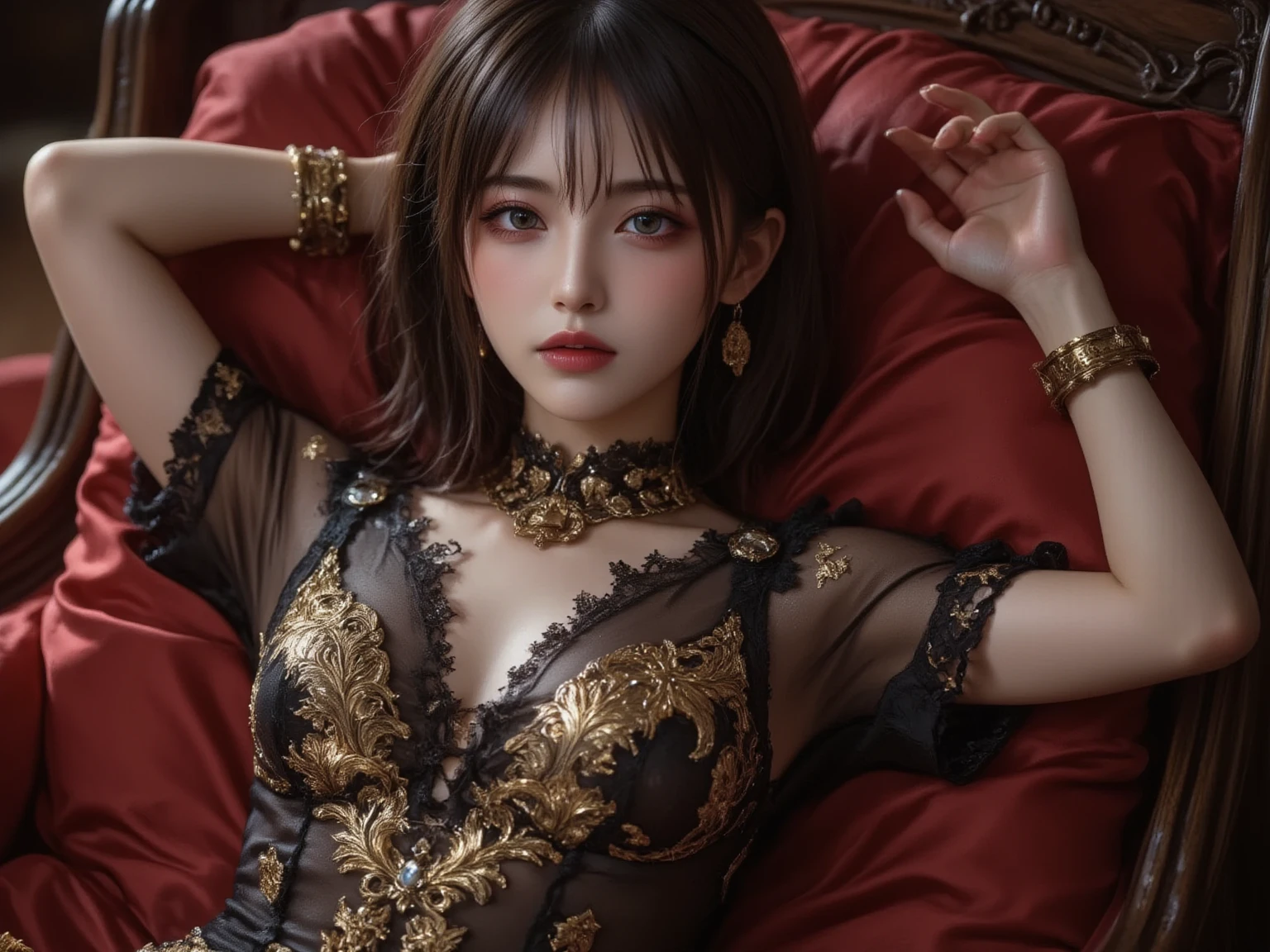 an Indian girl in a black sheered robe posing for a picture, wearing edgTemptation, indoors, a luxurious hotel, night, plants, smile, mixed Indian, background blur, focus, professional photography, dynamic angle shot, film grain, bokeh, ray tracing, dynamic lighting, tilt camera, from a front shot, lens flare, (((masterpiece))), ((best quality)), ((NSFW)), ((intricate detailed)), ((realistic)), (50mm Sigma f/1.4 ZEISS lens, F1.4, 1/800s, ISO 100, photograpy:1.1), perspective, brown, milf, mature woman, sensual position, highly detailed, illustration, 1girl, ((big breasts)), beautiful detailed eyes, long hair, bang, brown hair, brown eyes, black choker, earrings, detailed background, perfect eyes, seductive eyes, looking at the viewer, from front, looking at camera