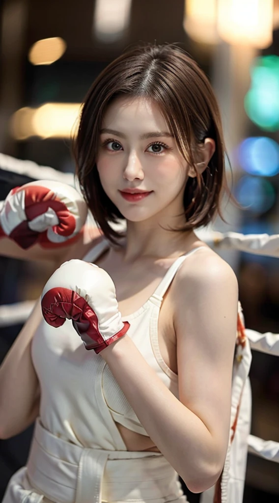 best quality best quality,High quality,masutepiece,Detailed details,hight resolution、Haute,Realistic, resolution,1girl in,Beautiful,beautiful face beautiful face,Beauty of beauty,(shinny skin,bob cut with movement),Looking at Viewer,red blush｜blush and dye,, Open mouth and smile expression,,Black hair,(erectile ,large full breasts,A slender,),Studio Lighting、(((oiled chest、boxing、full-body view、Close-up pose of chest with boxing gloves、toppless、)))、Sweating、boxing room、Boxing gym、