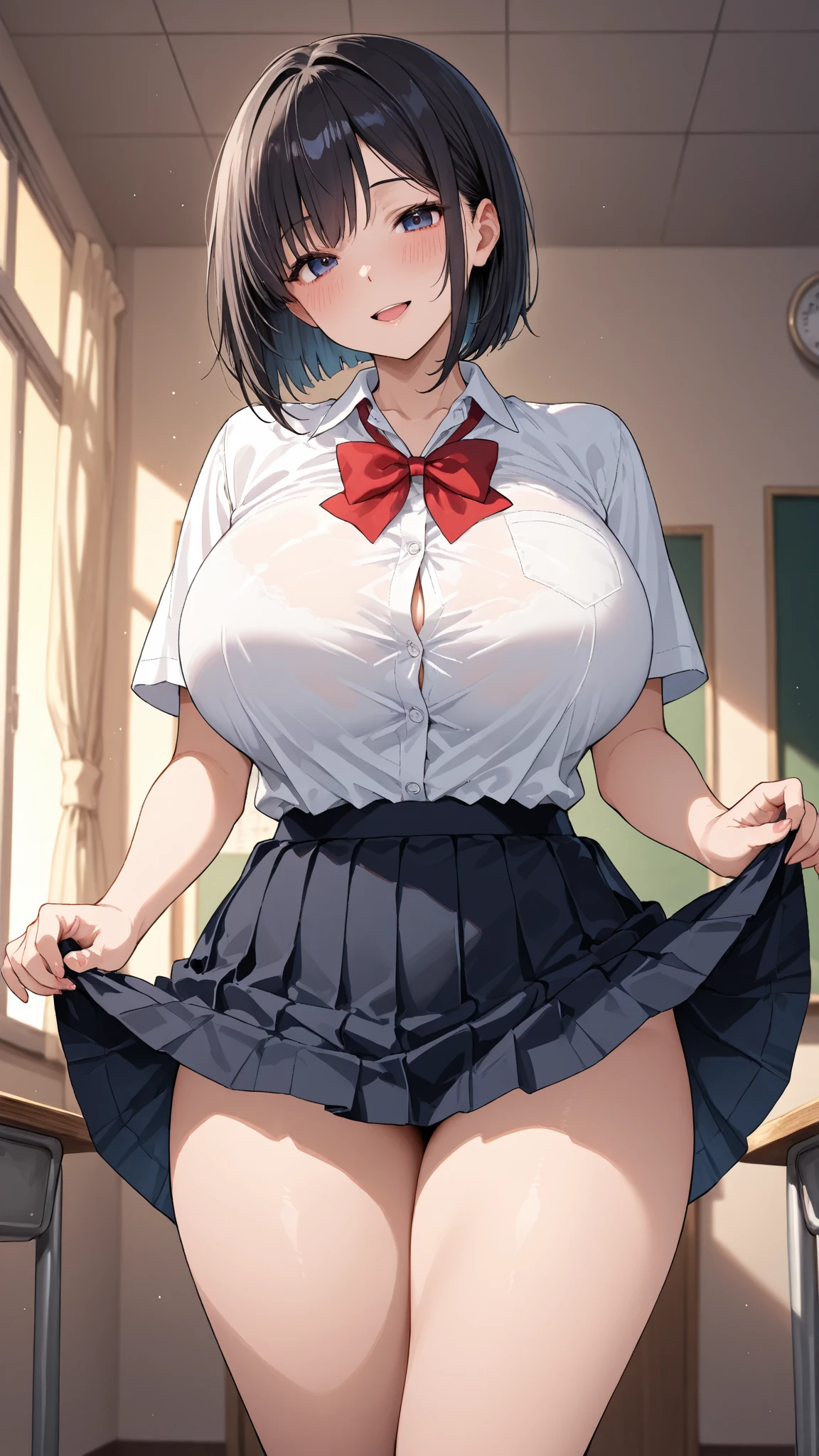 Highest quality,masterpiece,8K,1girl,((loli,big breasts,little girl:1.3)),((orgasm,blush,:1.3)),((long hair,low twintails)),hair ribbon,sweat,Shiranui Mizuki,((school uniform,white shirt,black skirt,Miniskirt,lift skirt,upskirt,black panties,lace panties)),black thighhighs,classroom,((((walking)))),from behind