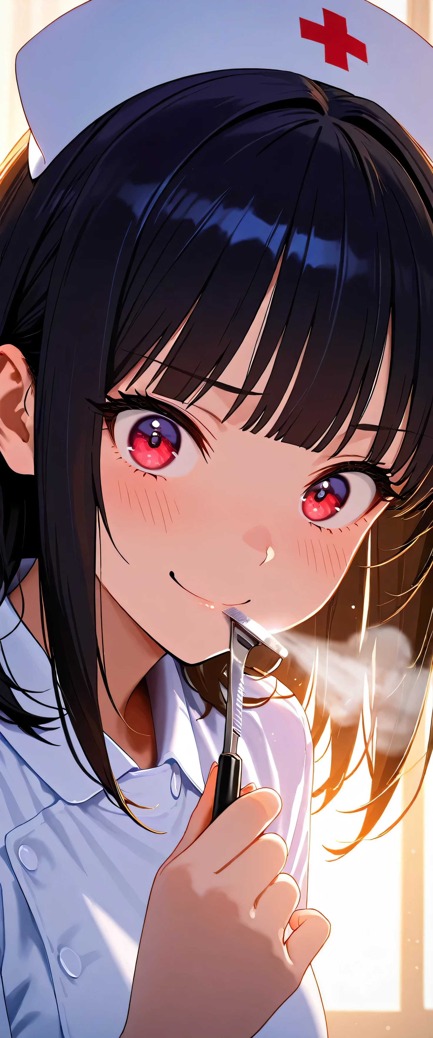 (beautiful girl: 1.3),masterpiece,Ultra-high resolution,rich contrast,Very high quality,8k,Highly detailed CG unit wallpaper,Texture,So ridiculous,RAW Photos,Depth of written boundary 1.2,2girl,(blunt bangs,medium hair,Black Hair),sidelocks,nurse,nurse cap,dress,Hospital bed,(Circular Bokeh),(close up),(Have a shaving razor),smug,(backlighting:1.3),excitement,(((snort))),wide-eyed