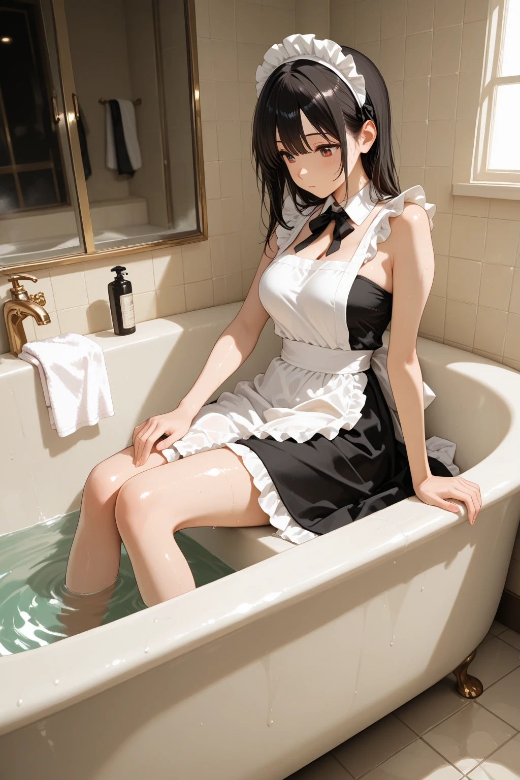 masterpiece, best quality, 1girl,bath, wet, bathing, steam, wet hair, bathtub, medium breasts,