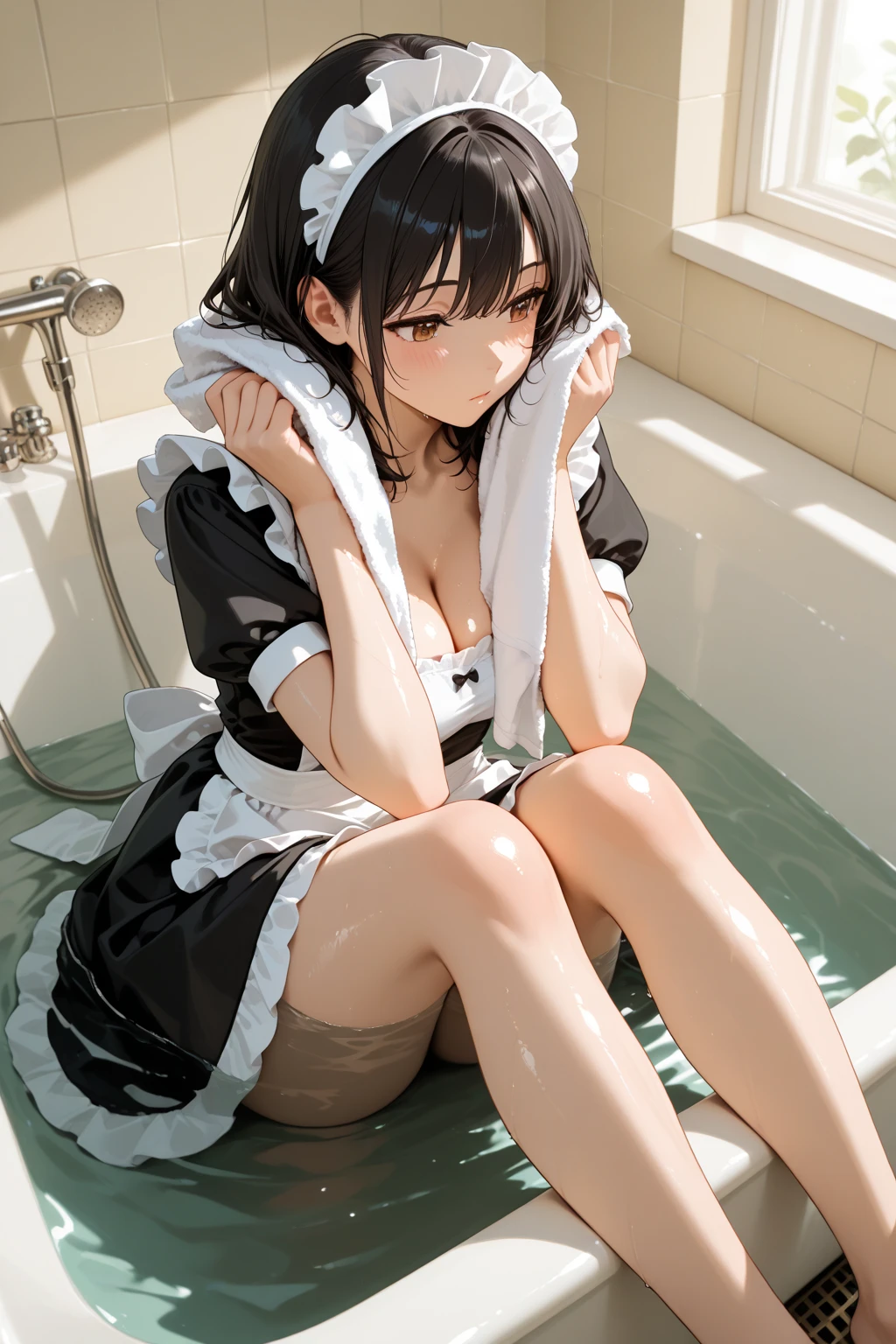 Magazine cover(masterpiece, best quality:1.2),Maid,(((The eyes are delicate)))Wet body((Wet Kimono)),Wet floor,rain(8K)(HD)