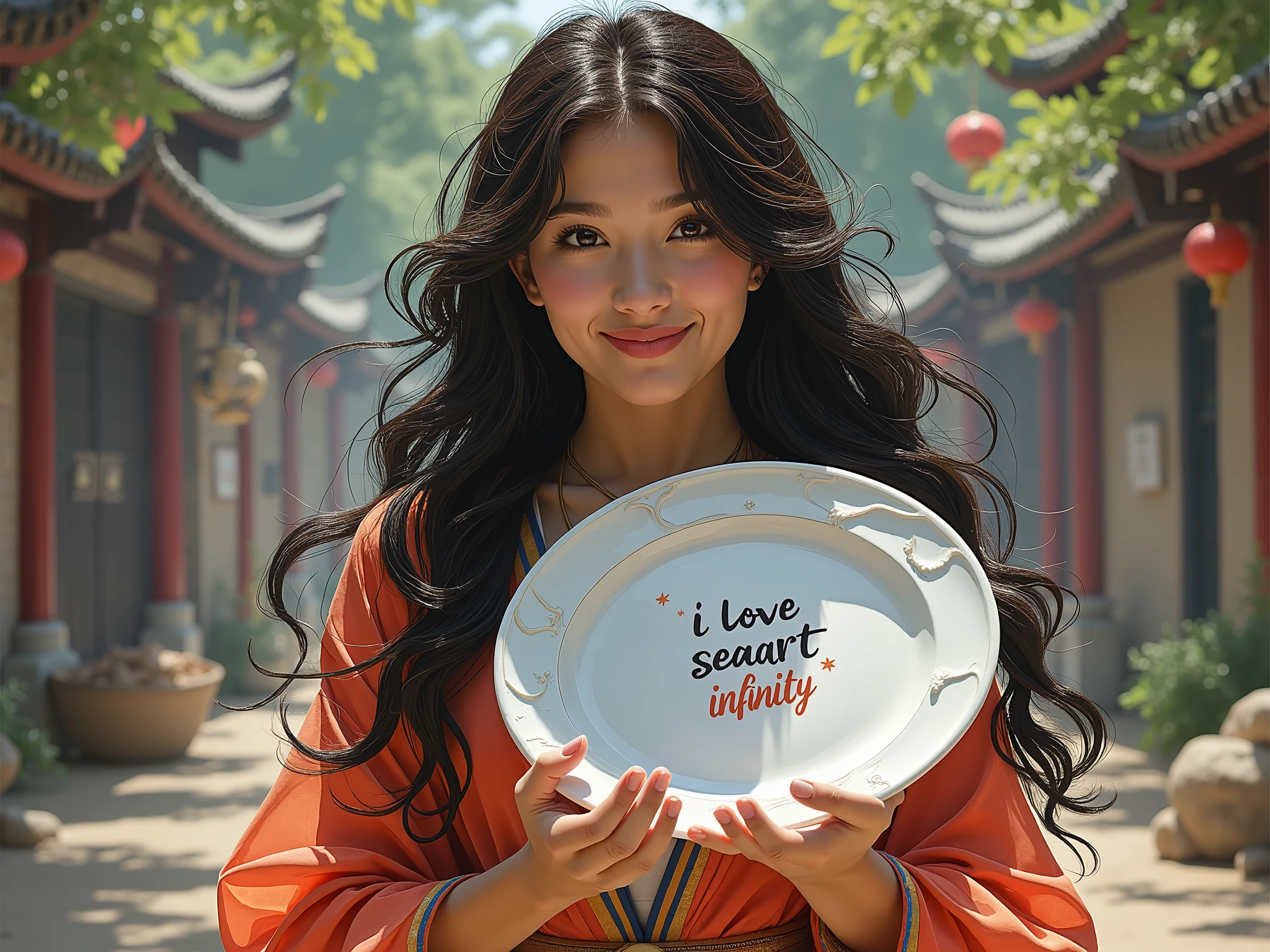 Po character Kung Fu Panda,Po,,Beautiful girl with long wavy hair, bohemian dress, holding a white plate with the text "I Love Seaart Infinity" and showing it to the viewer