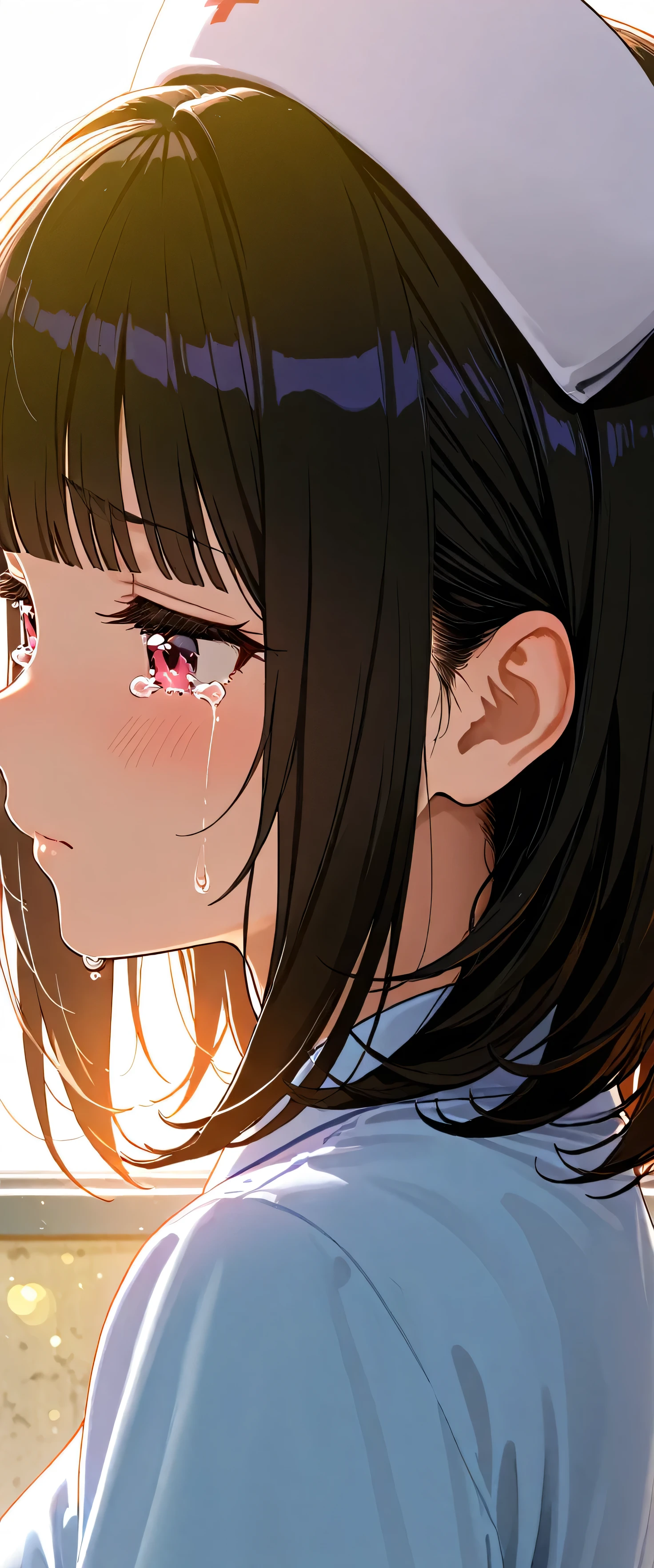 (close up:1.5),(beautiful girl: 1.3),masterpiece,Ultra-high resolution,rich contrast,Very high quality,8k,Highly detailed CG unit wallpaper,Texture,So ridiculous,RAW Photos,Depth of written boundary 1.2,2girl,(blunt bangs,medium hair,Black Hair),sidelocks,nurse,nurse cap,dress,Hospital rooftop,(Circular Bokeh),(backlighting:1.3),(Tears running down my cheeks),(from side:1.5)