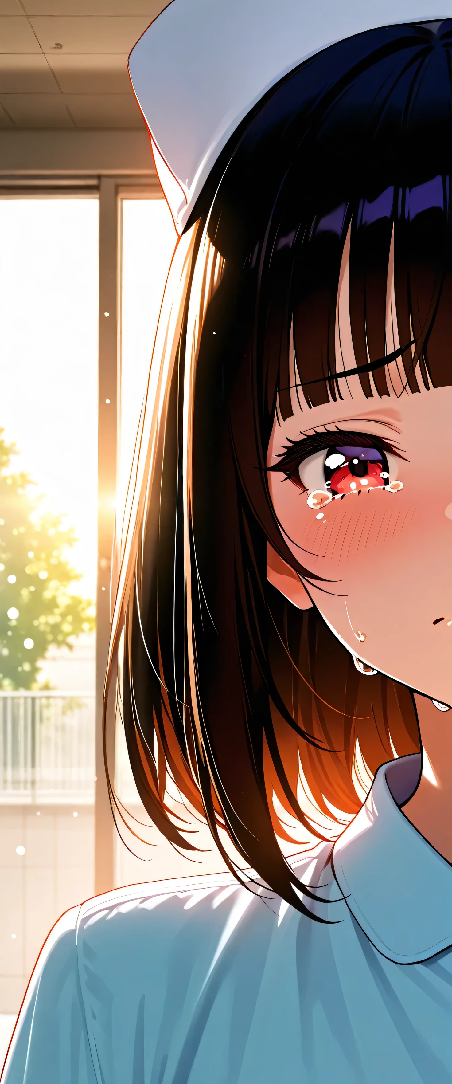 (close up:1.5),(beautiful girl: 1.3),masterpiece,Ultra-high resolution,rich contrast,Very high quality,8k,Highly detailed CG unit wallpaper,Texture,So ridiculous,RAW Photos,Depth of written boundary 1.2,2girl,(blunt bangs,medium hair,Black Hair),sidelocks,nurse,nurse cap,dress,Hospital rooftop,(Circular Bokeh),(backlighting:1.3),(Tears running down my cheeks)