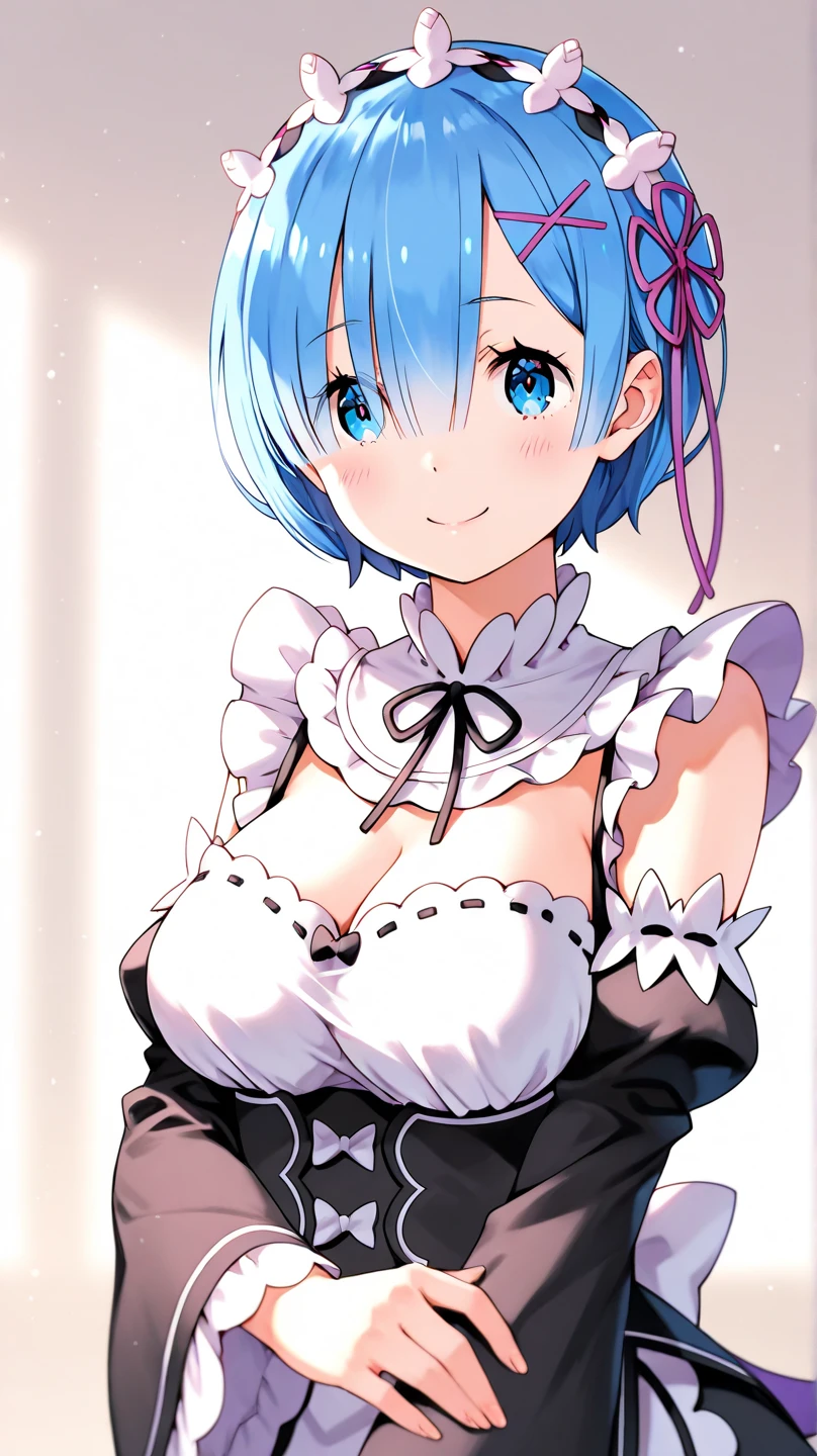 remrezero, 1girl, solo, breasts, looking at viewer, blush, smile, short hair, blue eyes, hair ornament, ribbon, blue hair, outdoors, detached sleeves, hair over one eye, maid, maid headdress, x hair ornament, pink ribbon, roswaal mansion maid uniform, photo background