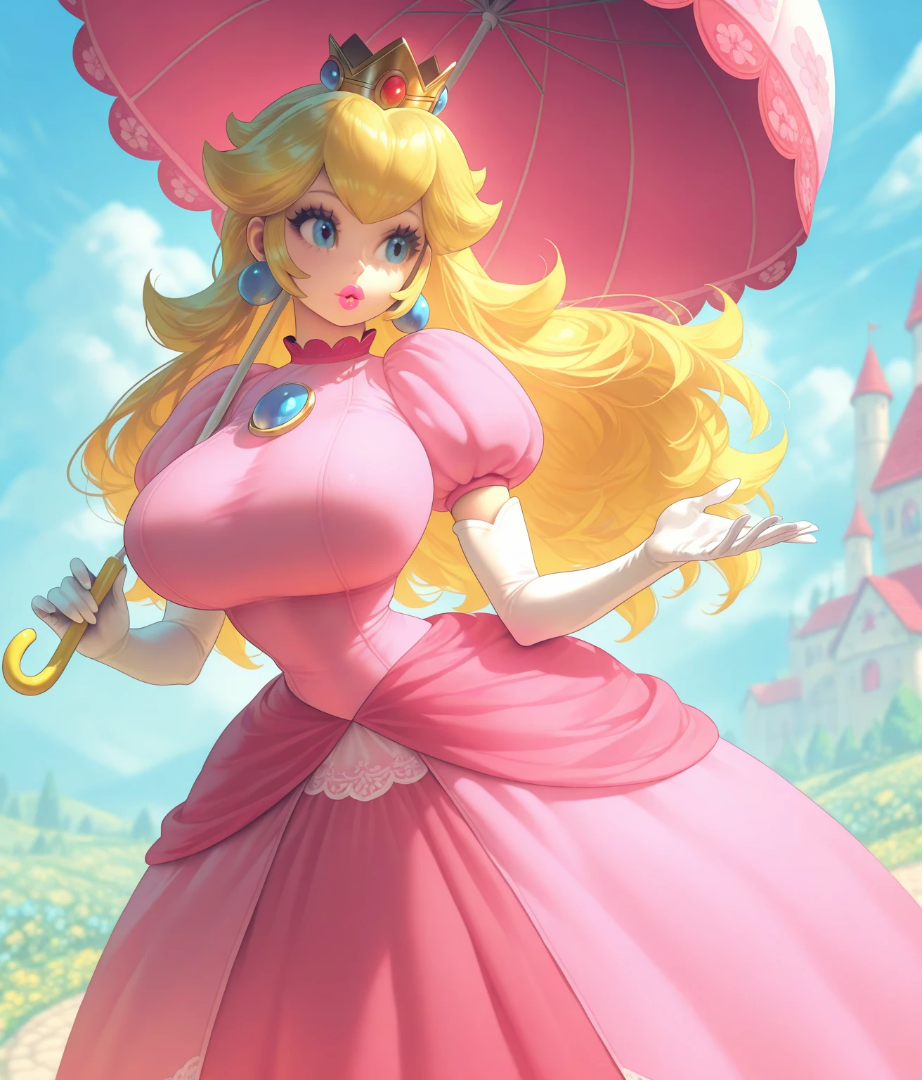 pch, bare midriff and rock hard abs wearing a crop top of her pink princess dress with white long gloves