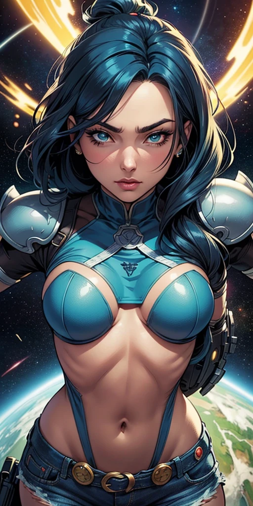 Best quality, 8K, woman retro super hero futurism, beautiful and detailed face, big eyelashes,LOOKING TO observer, ponytail,BLUE hair, long eyelashes, RED leotard, cleavage, GOLDEN metalic details, light GRAY pantyhose, sheer WHITE gloves,sci-fi RETRO SPACESHIP scenario