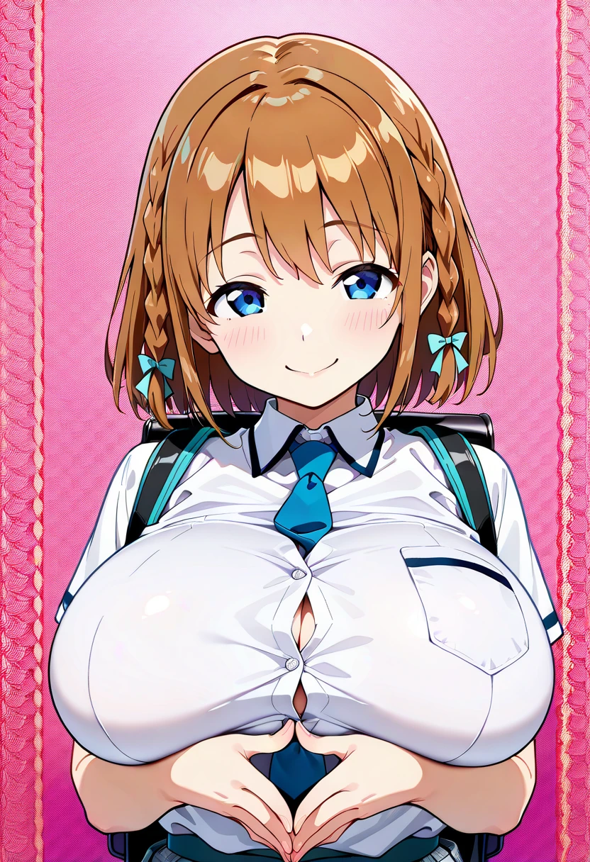 highest quality, masterpiece, Long Hair, chest, blue eyes, Orange Hair, bow,  Side Ponytail, hair bow, Multicolored Hair, Glasses, One girl,(school uniforms), mix_fujimura, View the viewer, smile, (huge breast),full bust,(Narrow waist:1.6),(Thin belly),(slender stomach),Clothed Big Tits,((Skinny Body)),(Thin limbs),Slender body,breath,sweat,smirk,nose blush, heart-shaped pupils,Embarrassing,Troubled face,(from above),Looking down at the viewer, large ass, pencil skirt, panties under pantyhose,whole body,undressing,(bra),show off bra