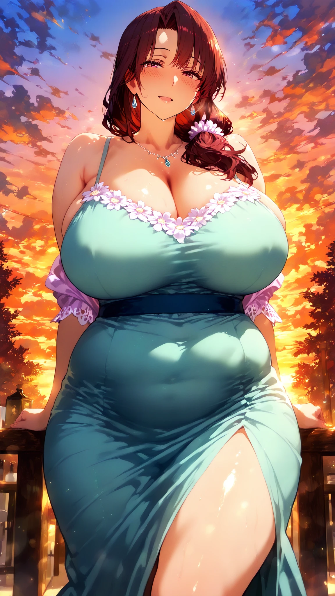 Best quality, solo mature woman, giant breasts, giant ass, very curvy, thick curly hair, apricot eyes, full lips, seductive, skims dress, v-neck line, necklace