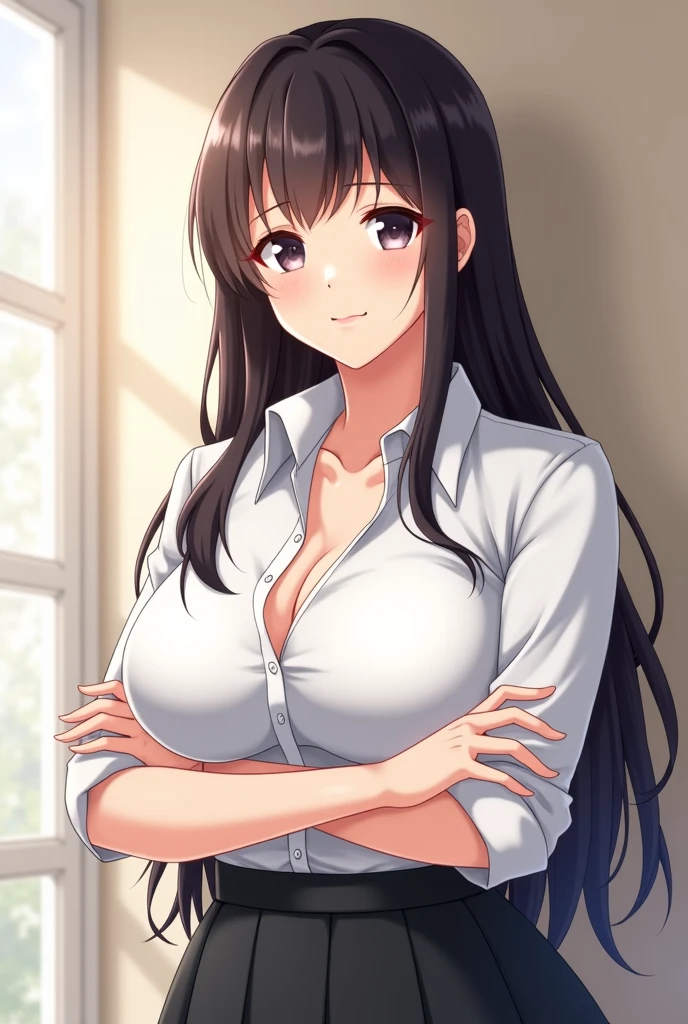 Office girl outfit, sleeveless, office background, sayuri, anime cels style, best quality, high resolution, 1girl, (huge breasts:1.2), beautiful face, black hair, wavy hair, long hair, black eyes, cowboy shot, smiling, blushing