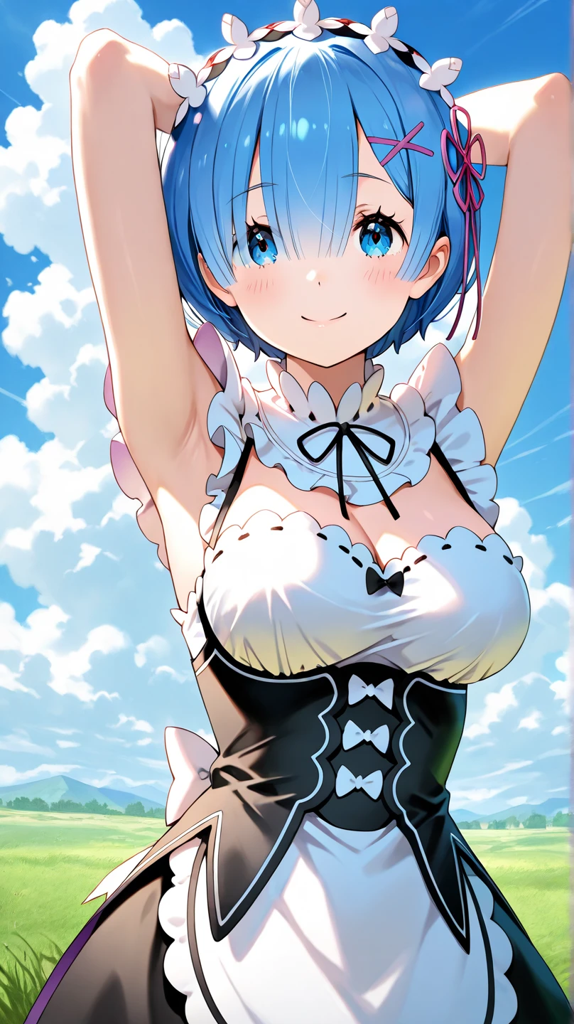 1womanl,Blue hair,Red ribbons ,((Surprised look)),Beautiful breasts,The eyes look like very big breasts、Colossal tits、white shirt,Blue Dress,well-styled,Slender thighs,Decorate the front beautifully)(((Blushing cheeks、embarassed expression、Naughty smile)),(((The skirt is rolled up by the wind)))、Long bob cut、Rem of Rezero、No panties、No panties、No bra、Heart-shaped pupil, Unusual pupils, tattoo on crotch, Heart-shaped tattoo、Opening Mouth、put out the tongue、