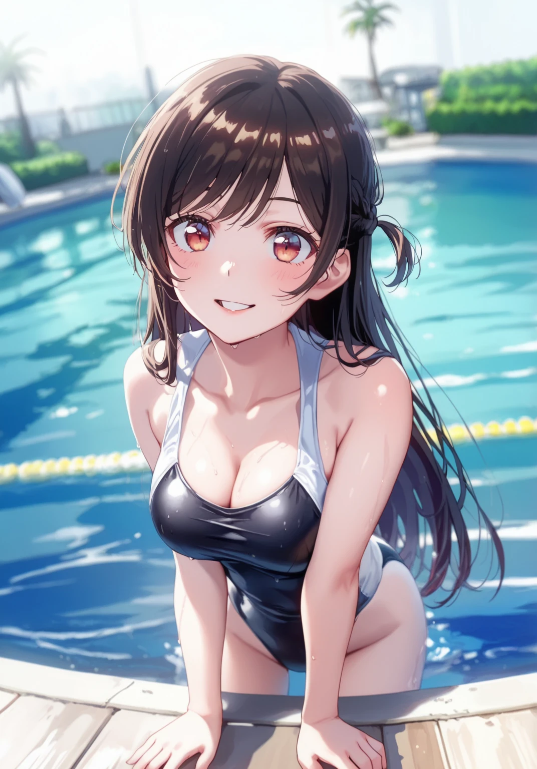 Highest quality、high resolution、High definition、HD、Indoor Pool、Poolside、(Nitta Minami、Long Hair、Medium chest、Brown Hair、Brown eyes、Glossy lips、Glowing Skin、Realistic skin texture、White competitive swimsuit、(Plain swimwear)、Sit with your legs apart)、Staring at me、Love me、blush、(Laughing with your mouth open)、(Emphasis on the crotch、Very close to me)