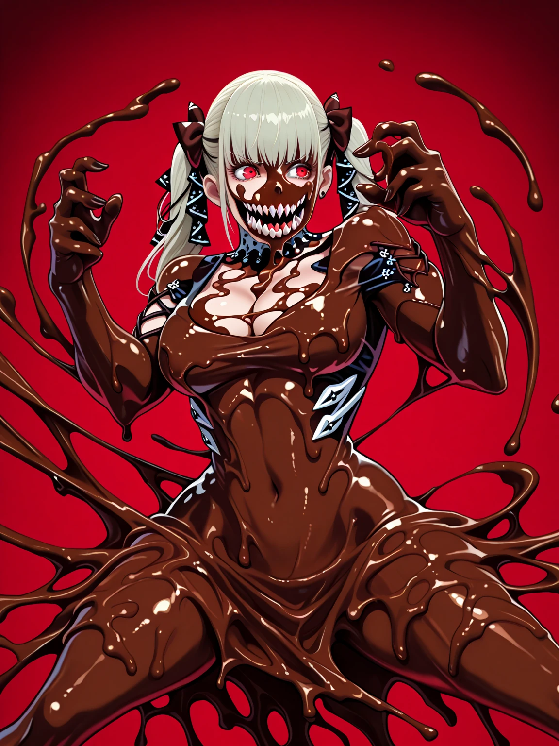 symbiote, girl, best quality, medium breast, white hair, scared, beautiful face, 4k, cry, black slime, masterpiece, mouth pull