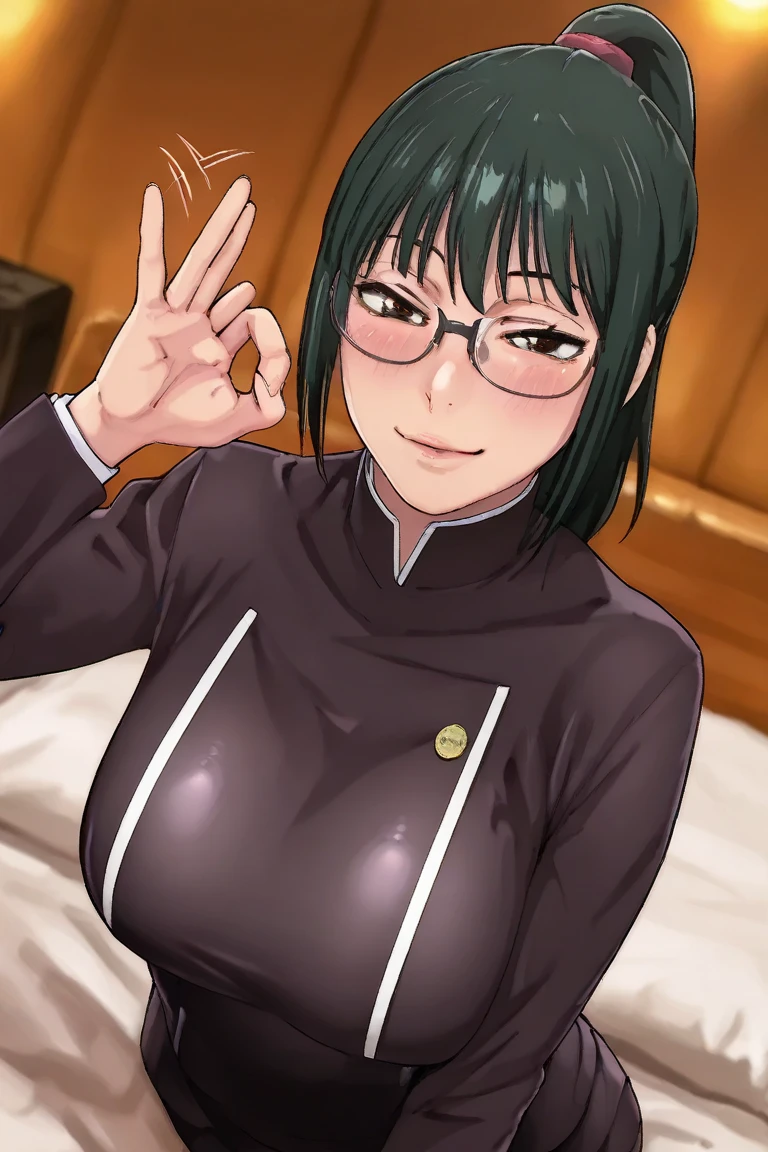 MakiZenin, 1girl, perfect, beautiful, lnd_woman, lnd_body, posing, laying down, front, ponytail, [(green hair:1.1):2] eyewear, in bed,  fully nude, eyes looking seductively at viewer, evil smile, masterpiece, high quality, expressive eyes, defined eyes, sex with maki zenin, orgasm, man fucking woman, best sex ever, good eyes, maki lays in the hotel bed,  pov missionary, well defined eyes, good face, maki rubbing her chest on your dick, boobjob, titfuck, paizuri, big hard penis in between maki’s tits,