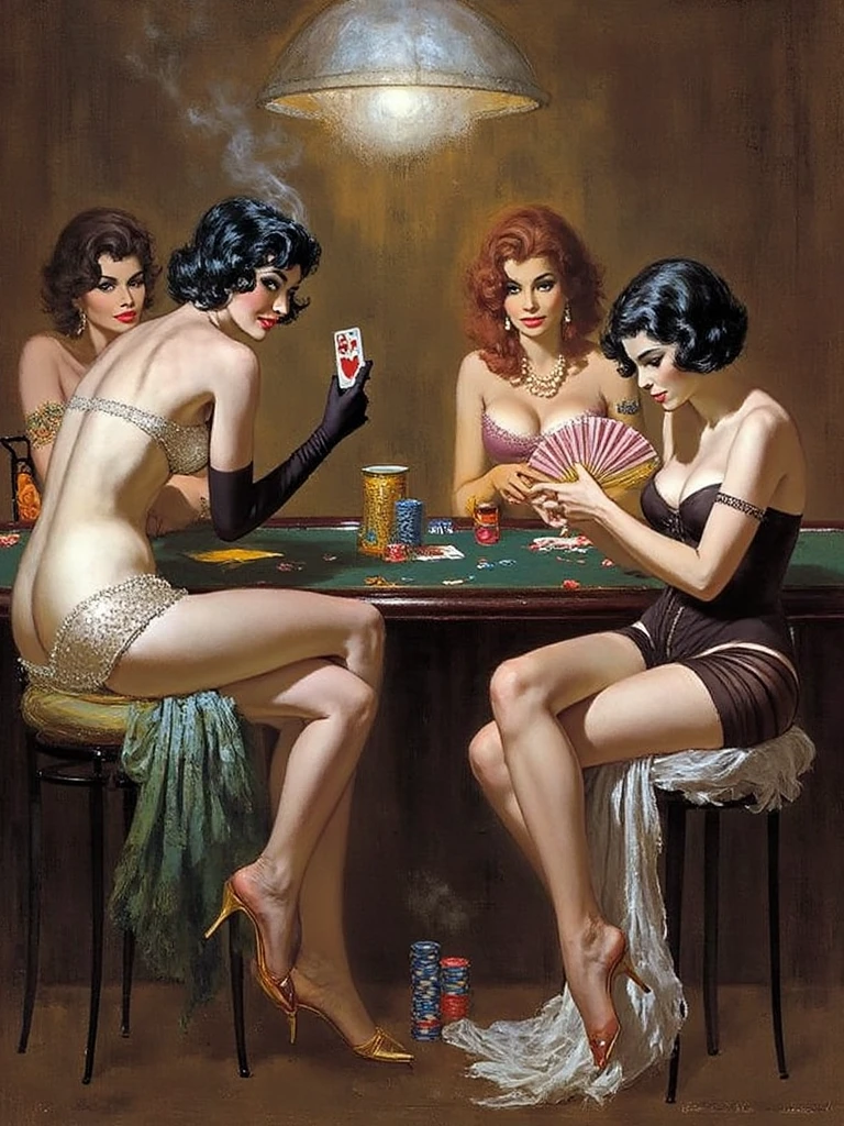 (high resolution), (saturated lighting), saturated colours, 1950s illustrated style, image printed on cheap quality pulp paper (pulp good girl art drawing style), (ultra high resolution), (highly detailed faces), (Ava Gardner), (Hank Janson), (pinup girl drawn in the style of Reginald Heade), (Reginald Heade), (several girls with various hair colours and shoulder-length curly hair clad in different coloured cocktail dresses at a busy casino roulette table with martini glasses in hand, 1950s visual style, (6ml lip filler), smoky atmosphere, (cigarette between lips), cigarette in mouth, (small white gloves), pearl necklaces, earrings, roulette wheel, casino chips, different dress styles, playing cards, holding a cocktail glass, chandelier, one single woman wearing a fur shawl