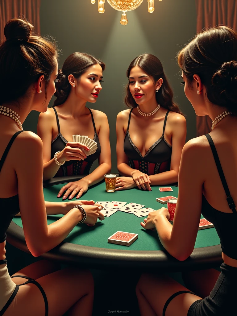 a group of beautiful young women in various states of undress, sitting around a table playing cards, colorful drinks, clothes in the ante pile, strip poker, detailed facial features, elegant poses, dramatic lighting, vivid colors, cinematic atmosphere, (best quality,4k,8k,highres,masterpiece:1.2),ultra-detailed,(realistic,photorealistic,photo-realistic:1.37),dramatic lighting,cinematic composition,chiaroscuro lighting,striking color palette,alluring expressions
