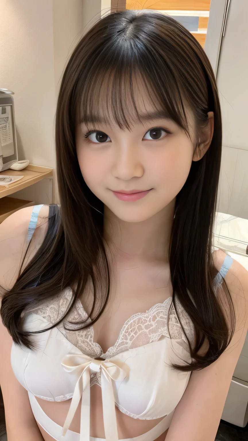 Masterpiece, best quality, high resolution, an extremely delicate and beautiful, night, hotel room, on the bed, school uniform, light smile, (((flat chest))), long hair, blunt bangs, young woman, (((young face))), (((pretty face))), (pretty japanese woman), detailed pretty face, perfect face, realistic, photorealistic