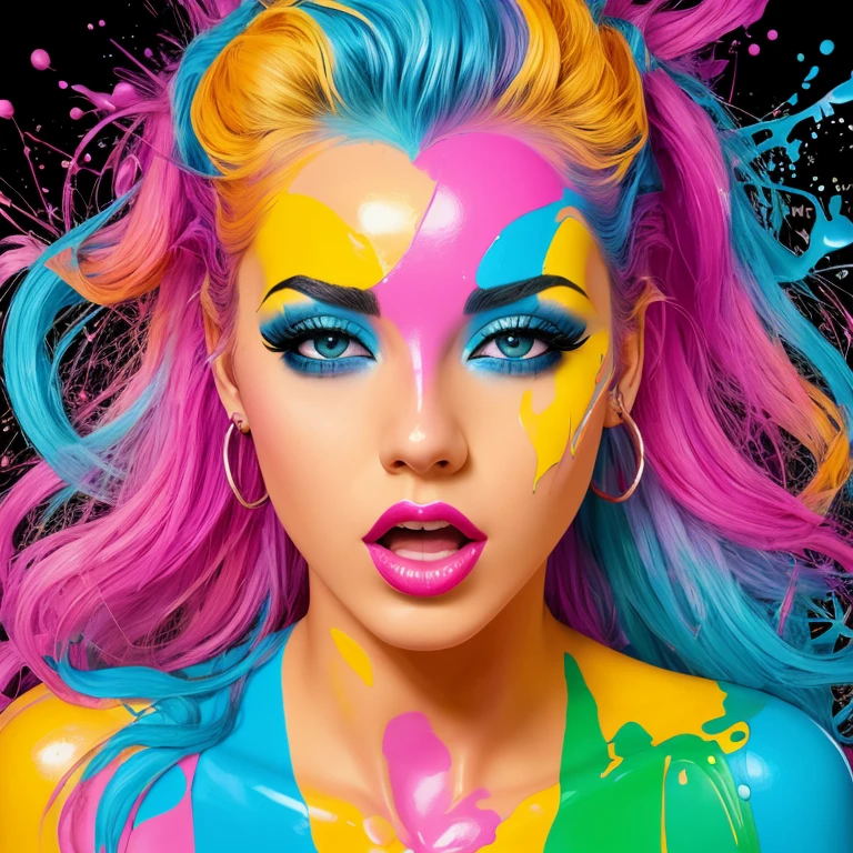 award winning half body portrait of a sexy woman with huge breasts in a croptop and cargo pants with ombre navy blue teal hairstyle with head in motion and hair flying, paint splashes, splatter, outrun, vaporware, shaded flat illustration, digital art, trending on artstation, highly detailed, fine detail, intricate, in the style of dispertion