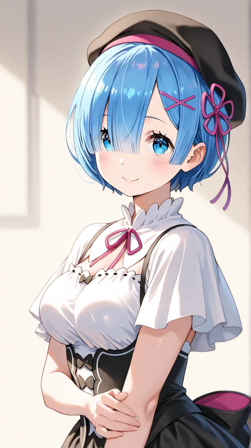 highres, sharp focus, pixiv masterpiece, ((intricate details)), highly detailed, upper body, 1girl, rem_re_zero, blue hair, short hair, maid uniform, hair ornament,  cleavage, maid headdress, detached sleeves, ribbon,,