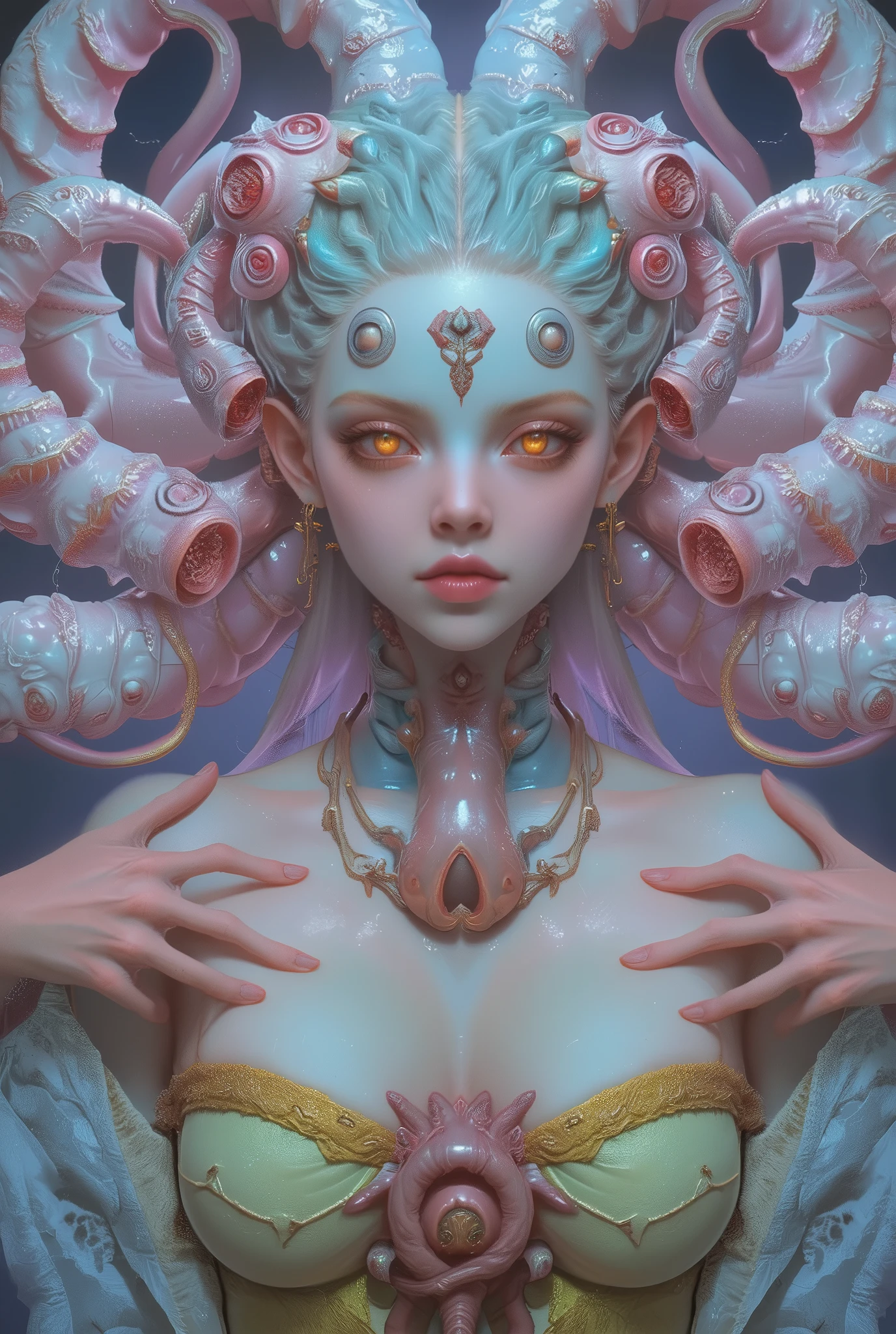 neon colored, (photos realistic:1.7), (1 beautiful and erotic female alien:1.4), (There is a female genital-like organ in the middle of her forehead:1.95), She has medusa-like hair, (there are lots of translucent tentacles from her head like her hair:1.5), wearing kimono, (vulgarity1.7), (she is looking down at viewers with glowing red eyes with no pupils:1.6), (She has translucent pale skin:1.4),(She has the most beautiful face in the history of the universe:1.2), (She has multiple bioluminescent organs on the side of her tentacles:1.4), (Her body is covered with an iridescent exoskeleton:1.4), (She is showing her arm pits:1.6), (expression of ecstasy:1.5),