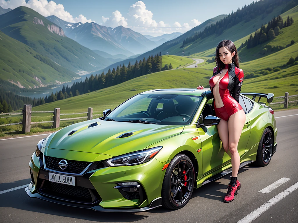 Super tall busty brunette resolution 13 years、Uma qualidade de imagem ultra-alta、8K、Detalhes detalhados、wonderful expression、summer volleyball、lindo verde fresco、A bright red sports car is parked on a mountain road built along the mountain...、Com mulheres bonitas.....、Nissan SR311 Sports Coupe