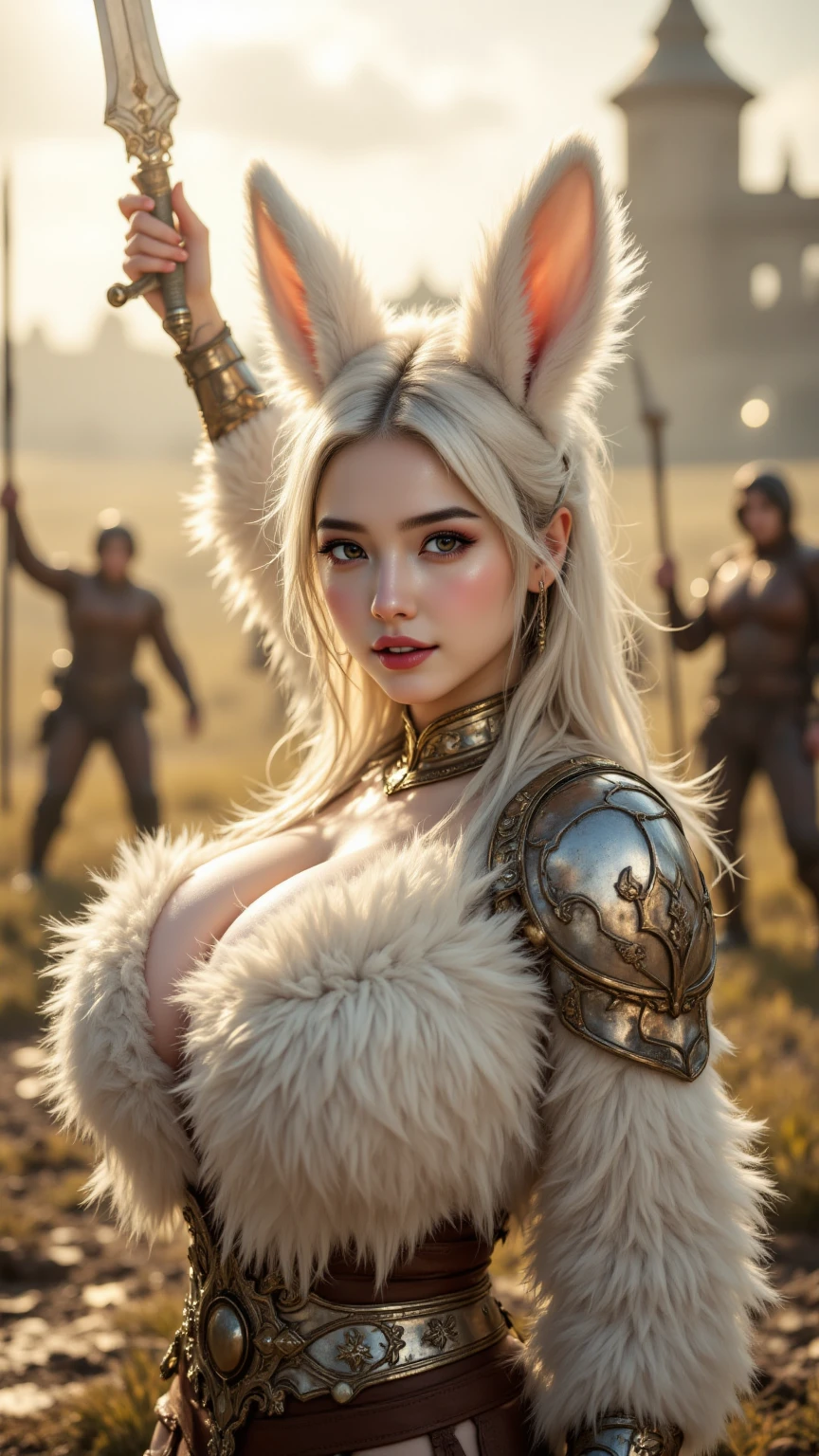 A young female centaur. sci-fi setting. large cleavage. Very pale skin with freckles. thick lips. white-hair. thin eyebrows. long neck. . seductive. . Wearing a futuristic black bra. armor, cosmic, planets space. vibrant, (red) masterpiece highres high quality high saturation