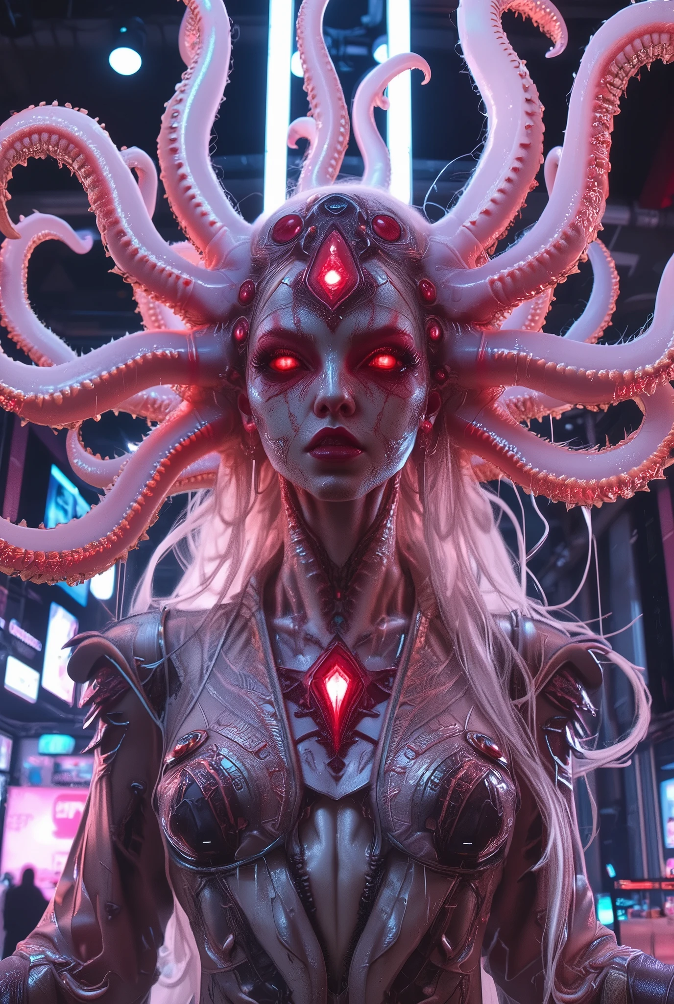 neon colored, (photos realistic:1.7), (1 beautiful and erotic female alien:1.4), (There is a female genital-like organ in the middle of her forehead:1.95), She has medusa-like hair, (there are lots of translucent tentacles from her head like her hair:1.5), wearing kimono, (vulgarity1.7), (she is looking down at viewers with glowing red eyes with no pupils:1.6), (She has translucent pale skin:1.4),(She has the most beautiful face in the history of the universe:1.2), (She has multiple bioluminescent organs on the side of her tentacles:1.4), (Her body is covered with an iridescent exoskeleton:1.4), (She is showing her arm pits:1.6), an evil gaze that seduces, (looking down at viewers:1.4), (bio luminescent:1.4), (Smile wickedly:1.3), (ypose:1.4), cells are fused, extraterrestrial, cell, bio image, ultra high resolution, Beautiful eyes with fine symmetry,(Highly detailed face and eyes:1.2),(Super detailed skin quality feeling:1.4), perfect anatomy, (Beautiful toned body:1.5), (Moist skin:1.2), not wearing makeup, (dark circles:1.1), cinematic drawing of characters, cinematic quality, (exquisite details:1.2), high resolution, High freshness, drawing faithfully, official art, Unity 8K Wall paper, ultra detailed artistic photography, midnight aura, unreal engine 5, Ultra Sharp Focus, art by MUCHA, art by Amano Yoshitaka, ArtGerm, ultra realistic realism, dream-like, Creation of (Numerous award-winning masterpieces, with incredible detail, textures and maximum detail), Dramatic Lighting, cinematic quality, (exquisite details:1.2), High freshness, drawing faithfully,, dream Snail, (biopunk nautilus:1.3),Thrilling color schemes, seductively smiling, Amazing mutation, well-proportioned body, goddess of the deep sea, fractal, Geometric pattern, impossible figures, subtle emerald green accents, (expression of ecstasy:1.5),