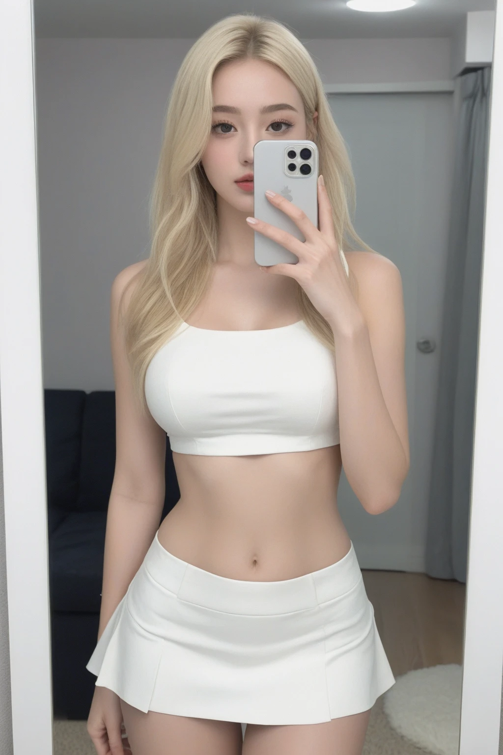 Blonde haired woman in white bikini taking a selfie, muchacha coreana, ulzzang, ava max, heonhwa choe, foto de chica delgada, jinyoung shin, 2 4 year old female model, amoranto, jaeyeon nam, su ombligo esta expuesto, sun yunjoo, cintura diminuta, pale milky white porcelain skin, Kim Doyoung