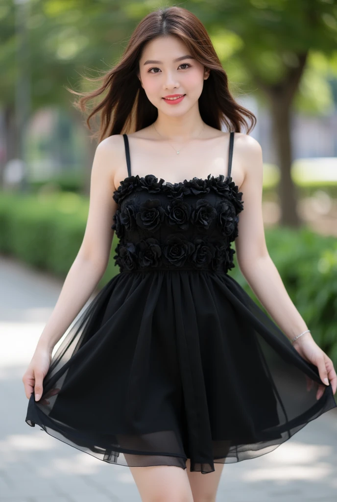 masutepiece, Best Quality, 8K, 15yo student, Teen, Raw photo, absurderes, award winning portrait, Smile, Smile, Solo, Night, neons, Idol face, violaceaess, gardeniass, Delicate girl, full body Esbian, Goth Loli Costume、Pink dress、Brown eyes、Brown hair、Hands up、Digital SLR, Looking at Viewer, Candid, Sophisticated, zora々Right, Thin arms, Professional Lighting, Film grain, chromatic abberation, (Eyes and faces with detailed:1.0), (Bokeh:1.1)