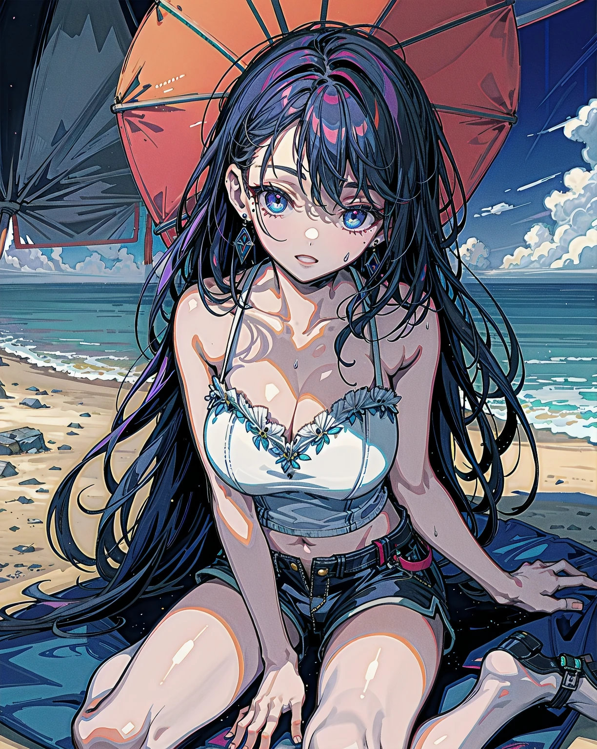 School Swimsuit,,Blushing、Black Hair、Side Ponytail、Pale purple eyes、Head to toe full body、Blushing、Embarrassed look、Composition from the front、A view from slightly below、school swimwear、Acme Face、Random pose、, 、nsfw、Highest quality、1 girl、solo、Ocean、Sandy Beach、Sexy pose、Random pose、Blushing、Wet、Embarrassed、I can see half of my 、、One piece swimsuit、(Strap slip:1.3)、School Swimsuit