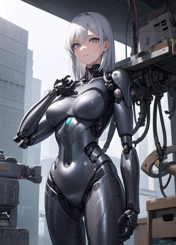 masterpiece, best quality, 1girl, mechanical, machine, mechanical arms, tubes, wire, yellow eyes, white hair, robot joints, arms behind back,