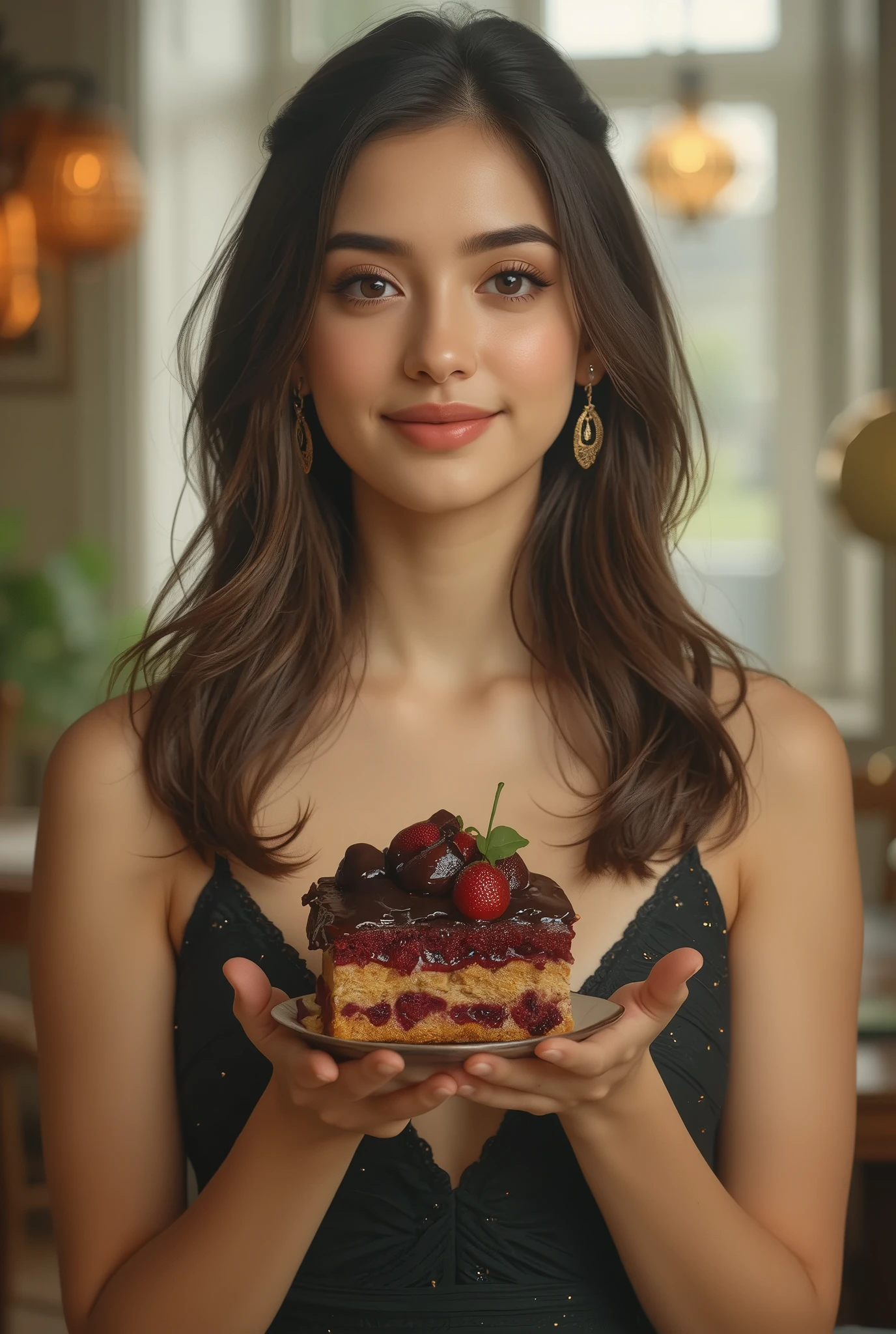 beautiful girl,holding a delicious cake in hand,smiling,graceful expression,wearing a fashionable dress,High Key Lighting,Dreamy atmosphere,precise description,8K rendering,realistic skin,Painting-like texture,Natural Light,understated colors,deep depth of field,Classic portrait style